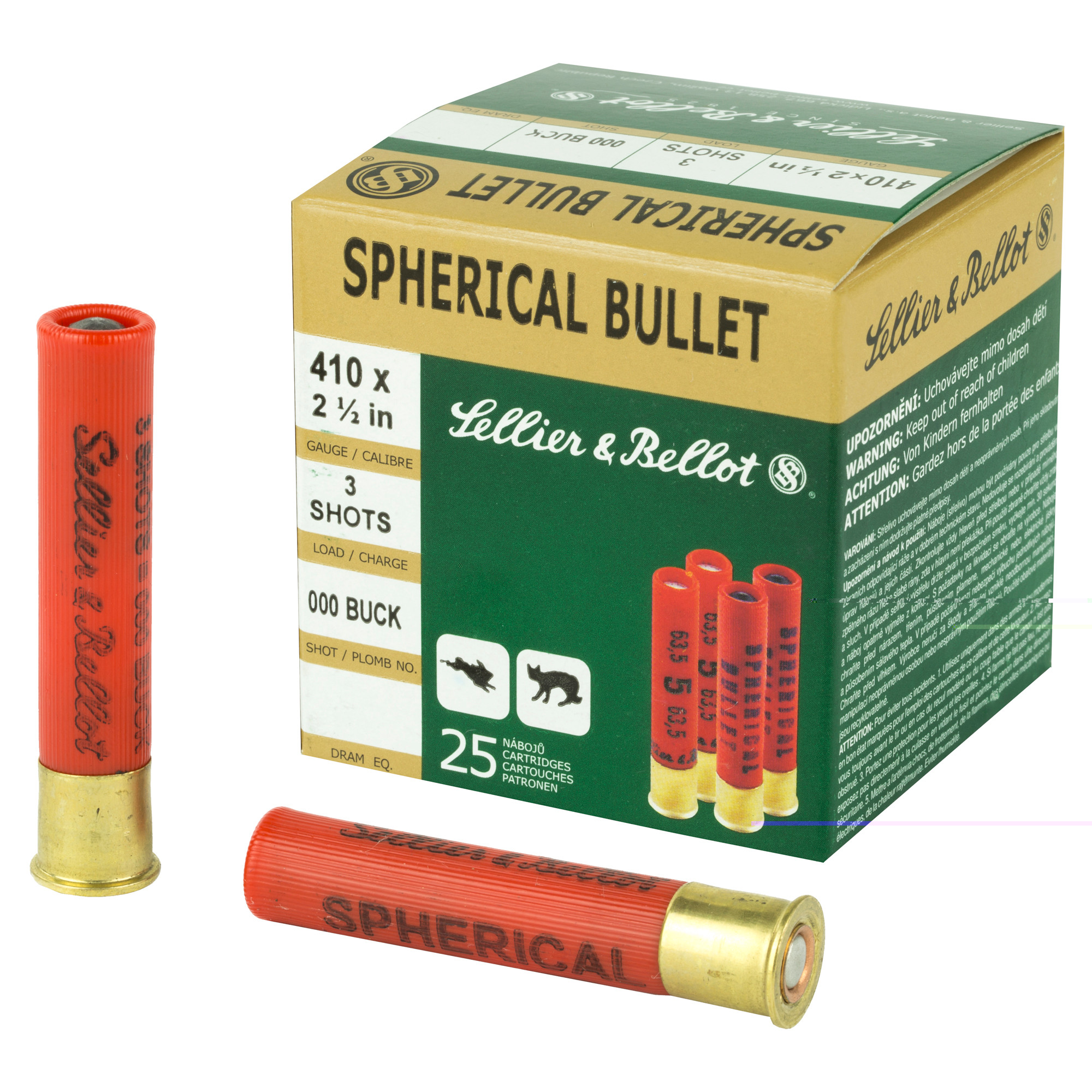 Sellier & Bellot SB410A Hunting410 Gauge 2.50" 3 Pellets 1/2 oz 1256 fps Spherical 000 Buck Shot 25 Bx/20 Cs