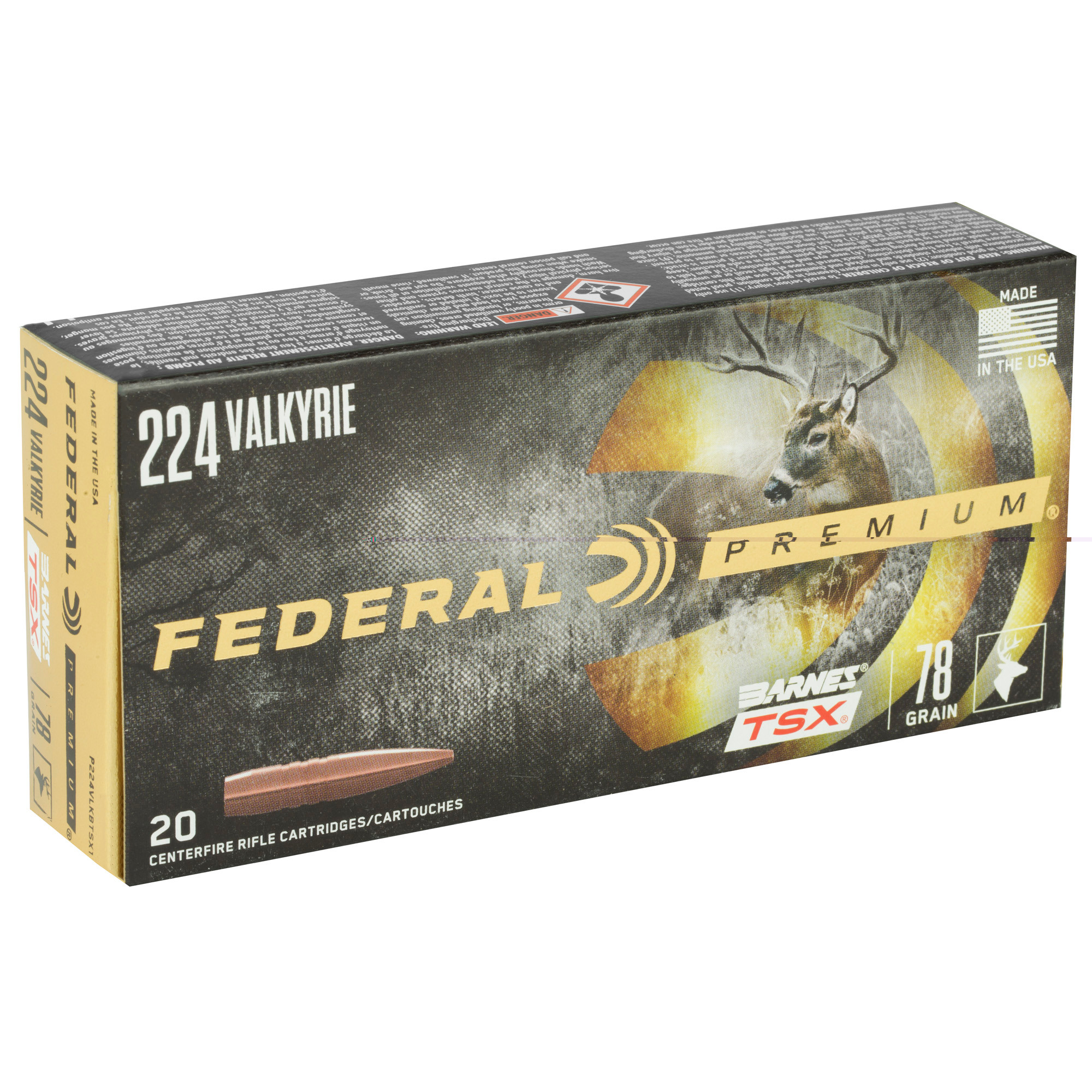Federal Premium Ammunition 224 Valkyrie 78 Grain Barnes TSX Hollow Point Lead-Free 20RD