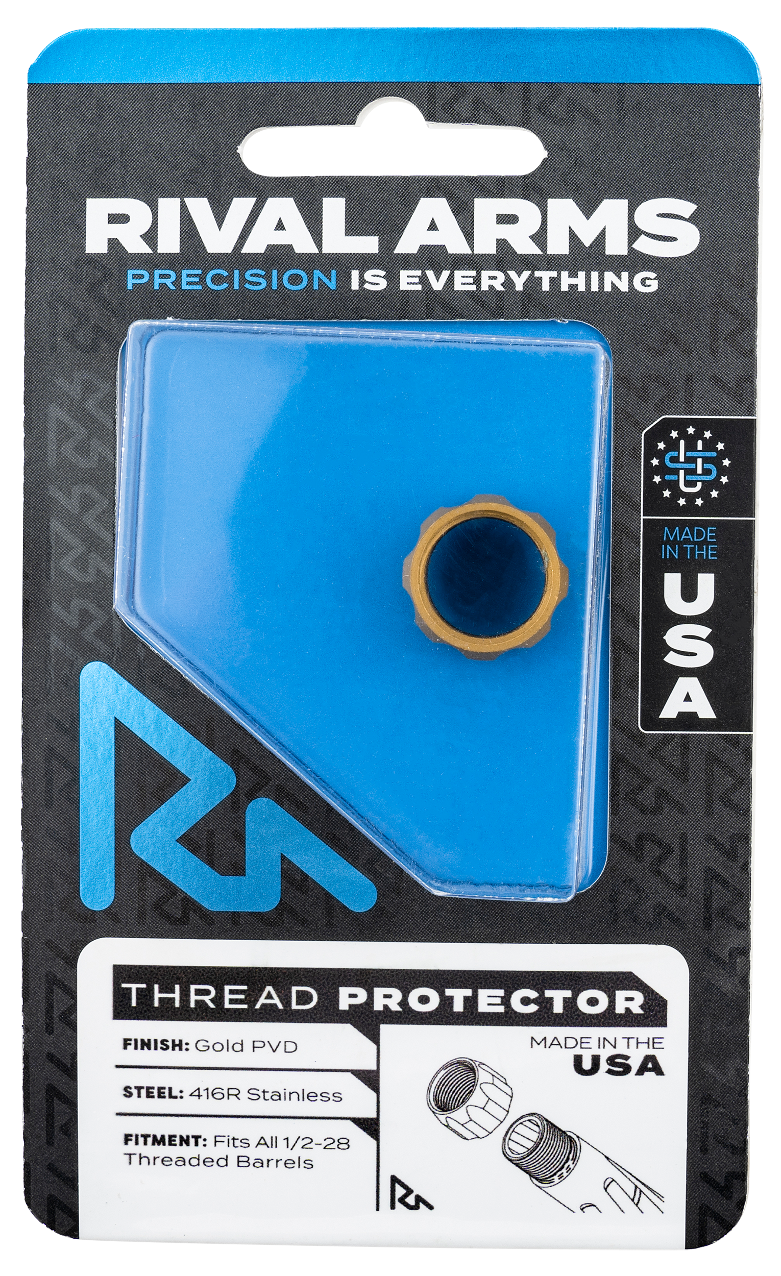 Rival Arms RARA300001E Thread Protector9mm Luger Gold PVD 416R Stainless Steel 1/2"-28 tpi