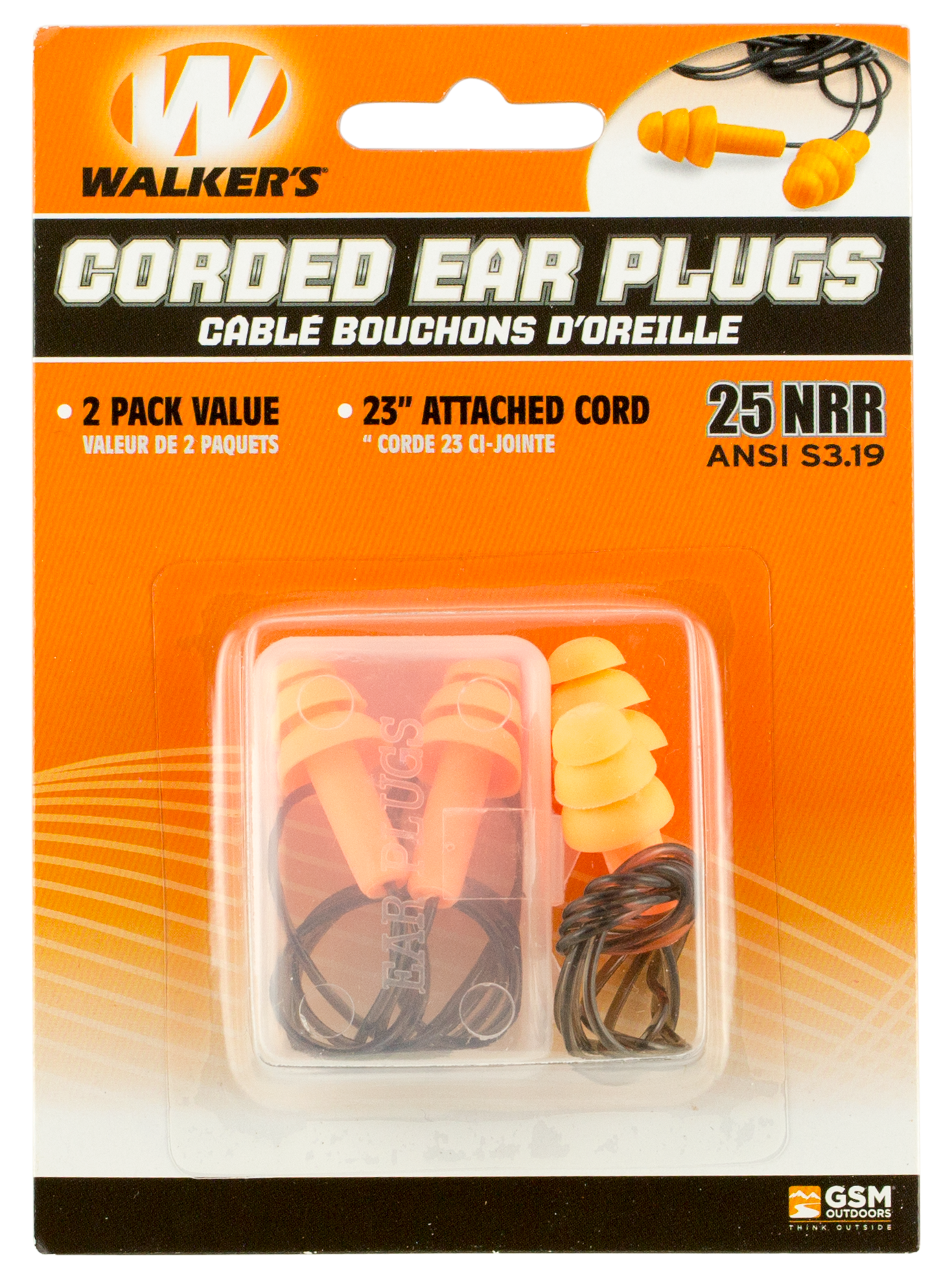 Walker's Corded Ear Plugs (NRR 25 dB) with Case 2PK Pairs Orange