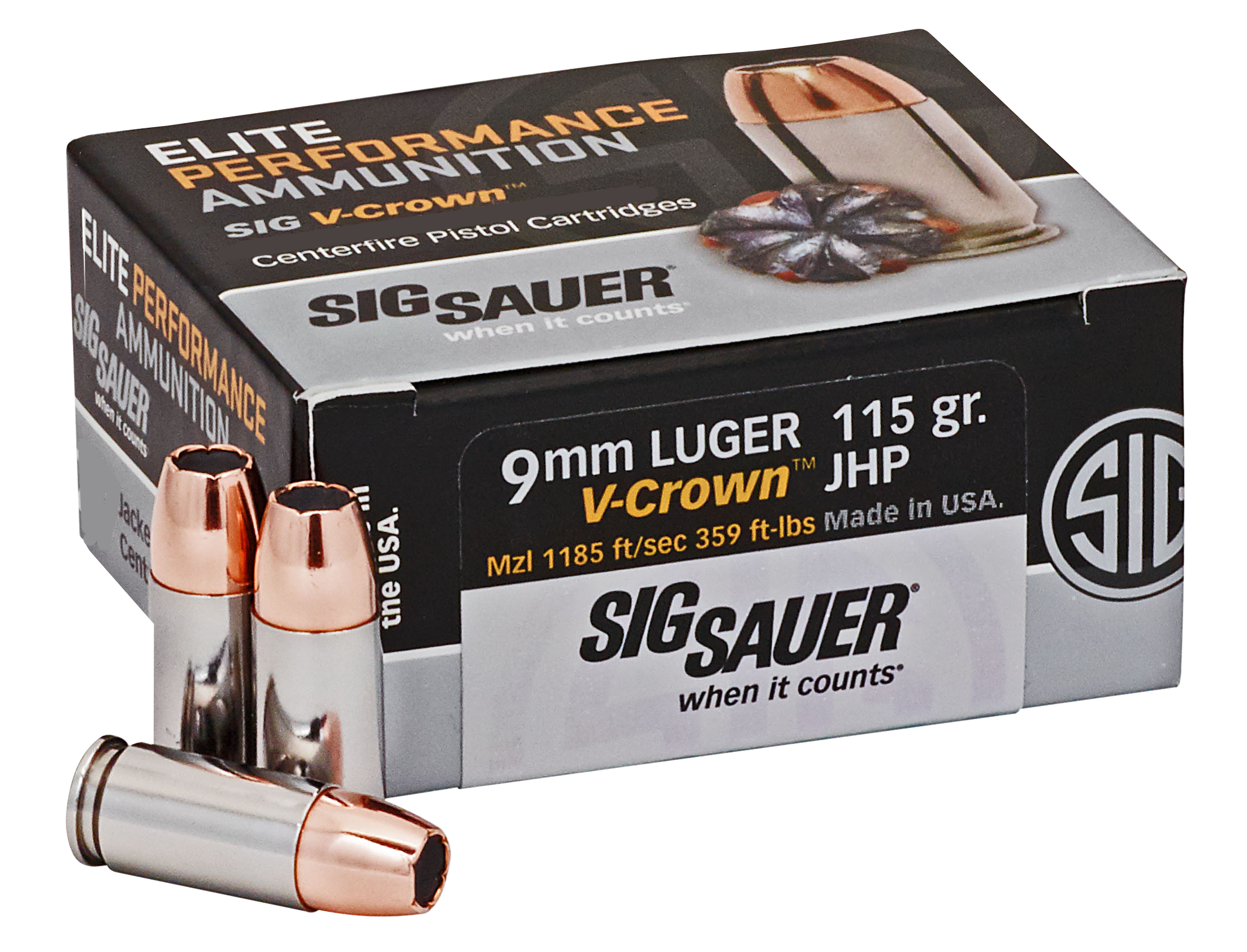 Sig Sauer Elite Performance Ammunition 9mm Luger 115 Grain V-Crown Jacketed Hollow Point Box of 50