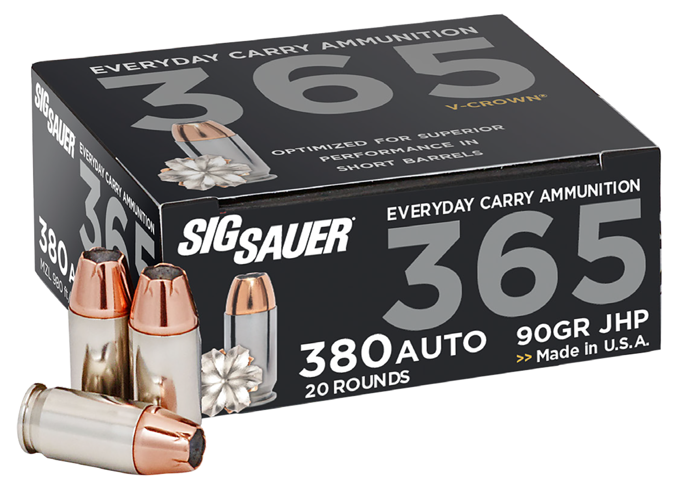Sig Sauer 365 Everyday Carry Ammunition 380 ACP 90 Grain V-Crown Jacketed Hollow Point 20RD