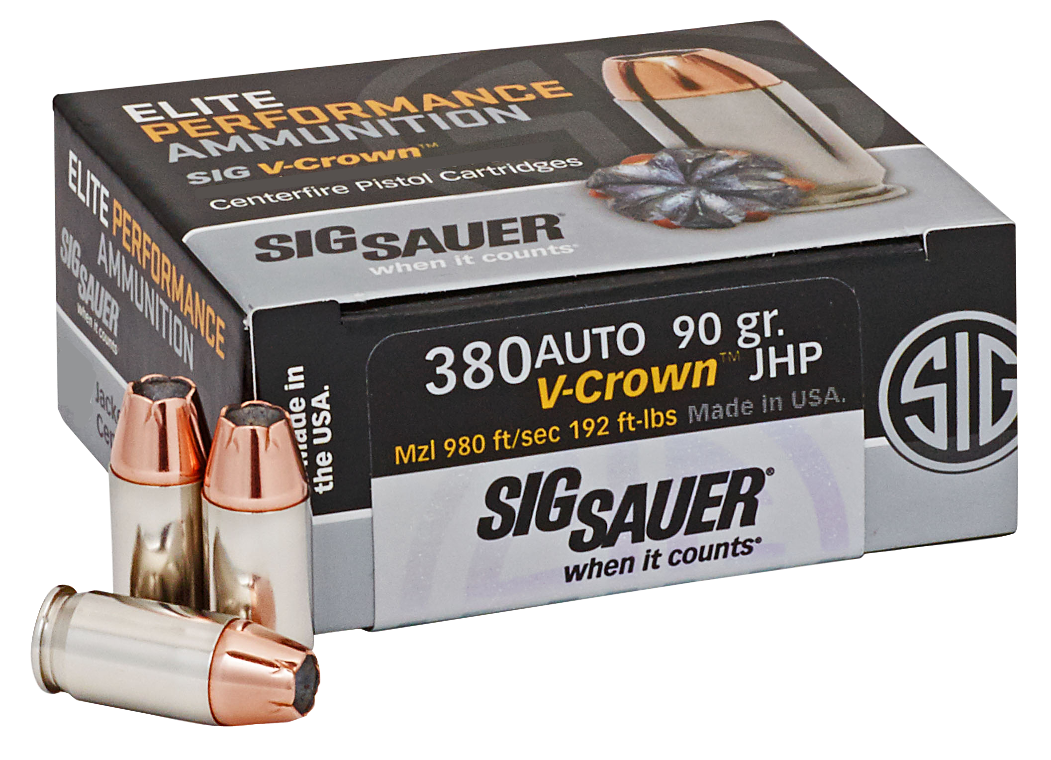 Sig Sauer E380A150 Elite Defense380 ACP 90 gr 980 fps V-Crown Jacketed Hollow Point (VJHP) 50 Bx/10 Cs