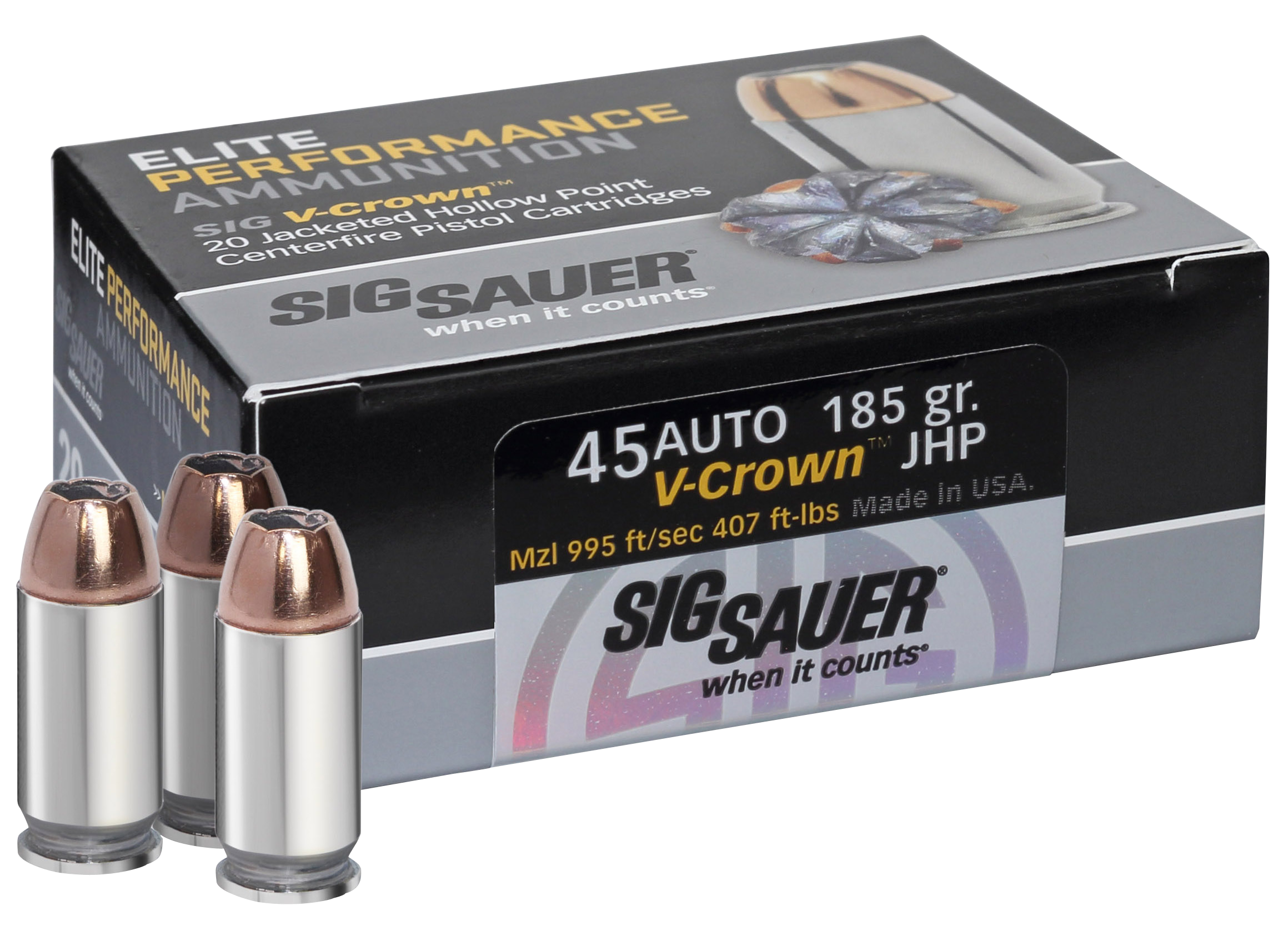 Sig Sauer Elite Performance Ammunition 45 ACP 185 Grain V-Crown Jacketed Hollow Point 20RD