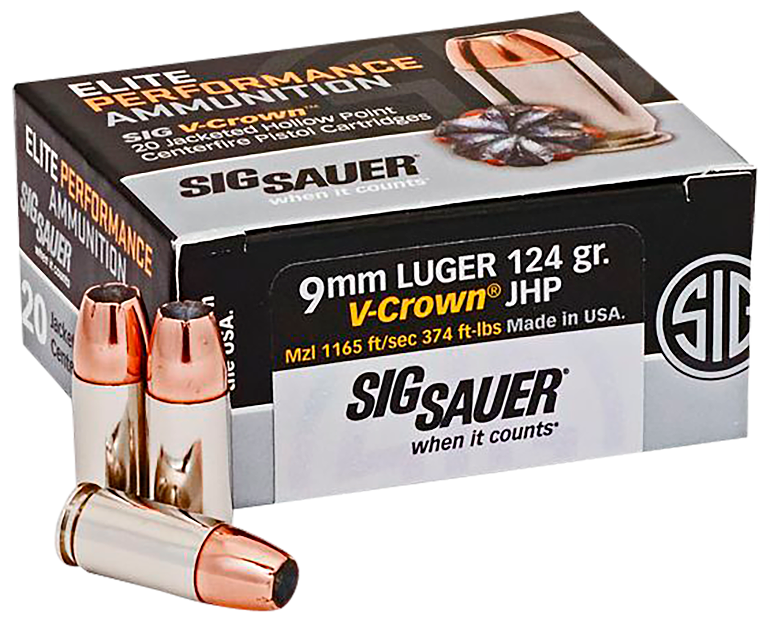 Sig Sauer E9MMA220 Elite Defense9mm Luger 124 gr 1165 fps V-Crown Jacketed Hollow Point (VJHP) 20 Bx/10 Cs