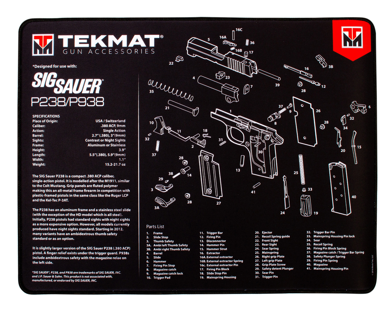 TekMat TEKR20SIGP238 Sig Sauer P238 Ultra Cleaning Mat Black/White Rubber 20" Long Sig P238 Parts Diagram