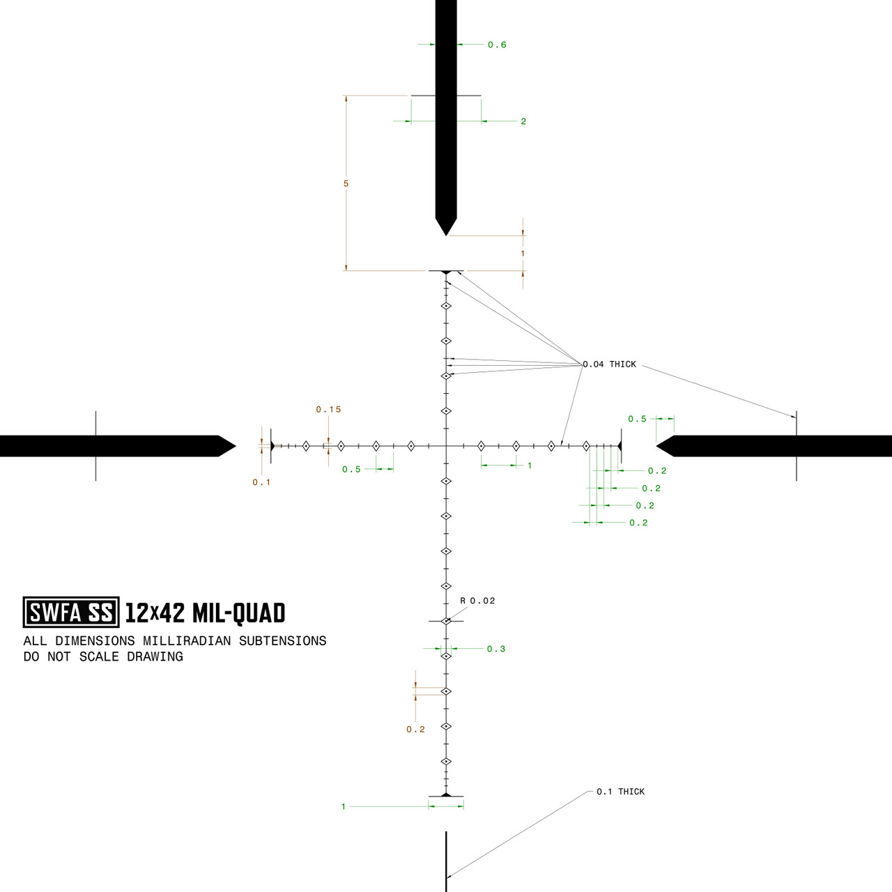 SWFA 12x42 SS - Mil-Quad Reticle, 30mm, .1 MIL Clicks, Rear Focus, Ships W/ SunShade & Bubble Level