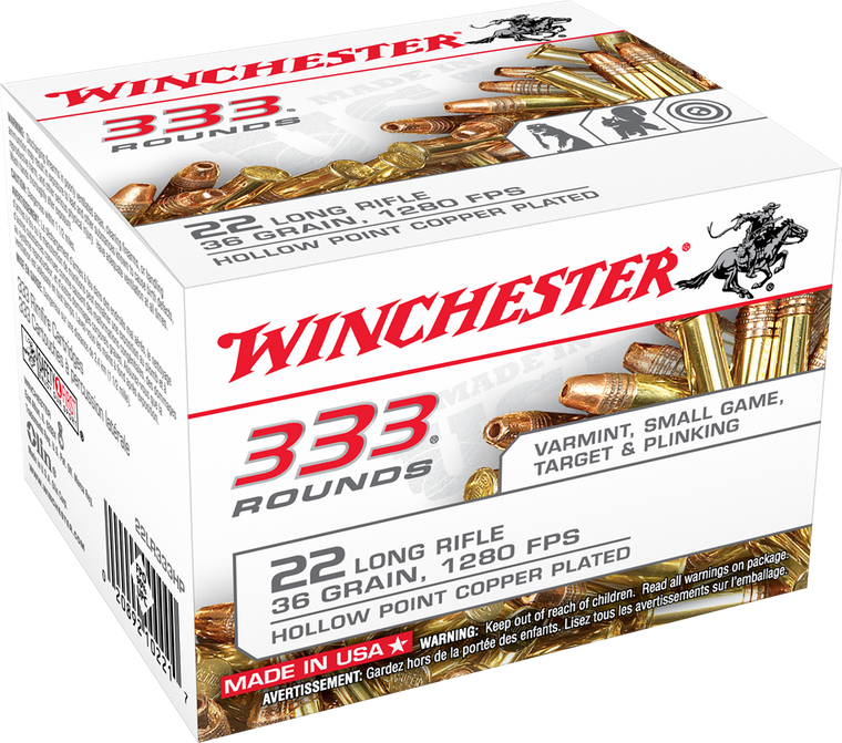 Winchester Ammo 22LR333HP USA22 LR 36 gr Copper Plated Hollow Point (CPHP) 333 Bx/10 Cs (Bulk)