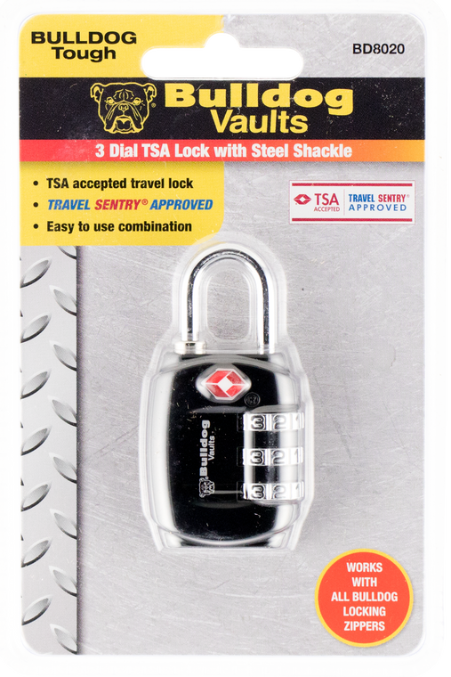 Bulldog BD8020 TSA Lock with .75 Shackle Comination Black in. Tsa Lock W/Steel Shank /1