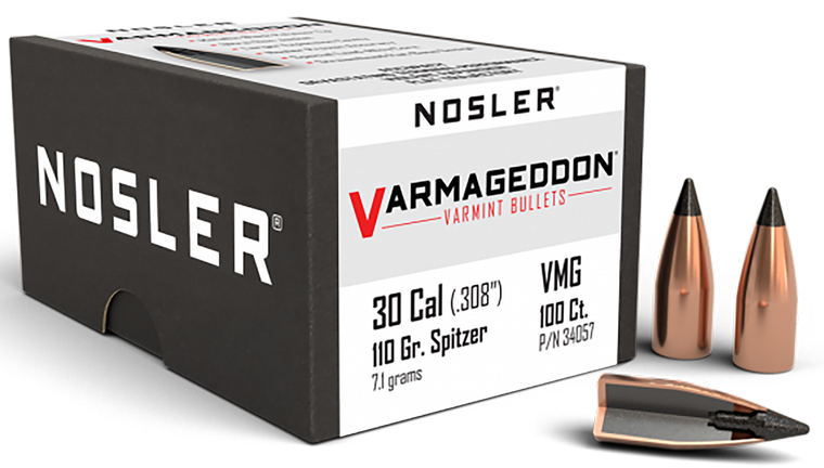 Nosler Varmageddon Bullets 30 Caliber (308 Diameter) 110 Grain Tipped Flat Base Box of 100 Nosler Varmageddon Bullets 30 Caliber (308 Diameter) 110 Grain Tipped Flat Base Box of 100