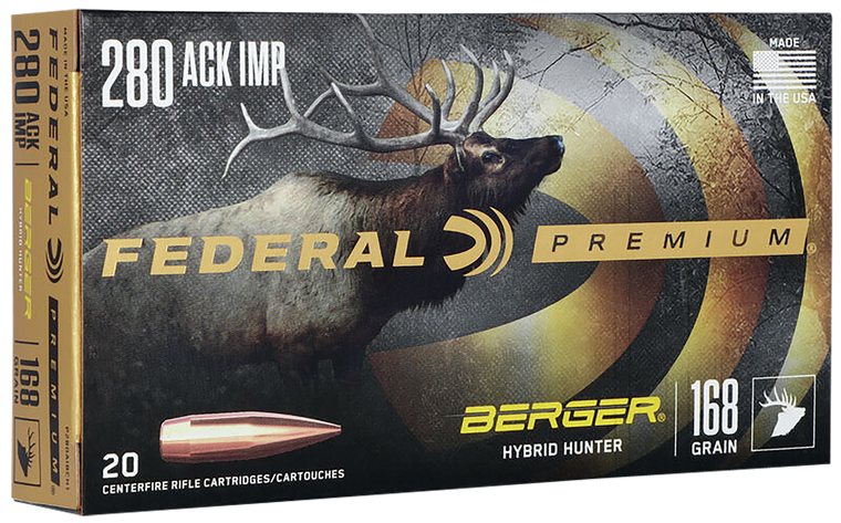 Federal Premium Ammunition 280 Ackley Improved 168 Grain Berger Hybrid Hunter 20RD