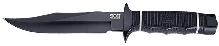 S.O.G SOGS10BK Tech Bowie6.40" Fixed Plain Clip Point Black Hardcased TiNi AUS8 SS Blade/ Black w/ White "SOG" Logo Kraton Handle