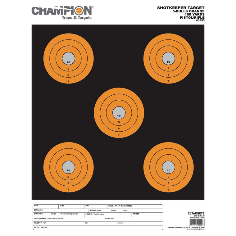 Champion Targets 45555 Shotkeeper5" Bullseye Paper 100 yds Pistol/Rifle Large Black/Orange 12 PK