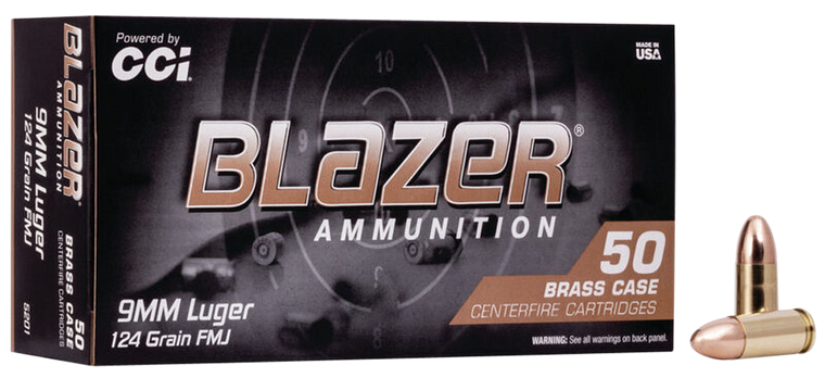 CCI 5201 Blazer Brass Handgun 9mm Luger 124 gr FMJ50rd Bx