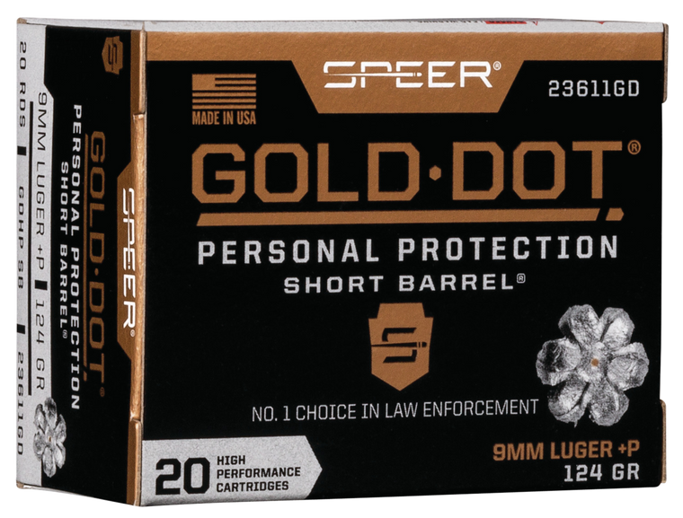 Speer Gold Dot Short Barrel Ammunition 9mm Luger +P 124 Grain Jacketed Hollow Point