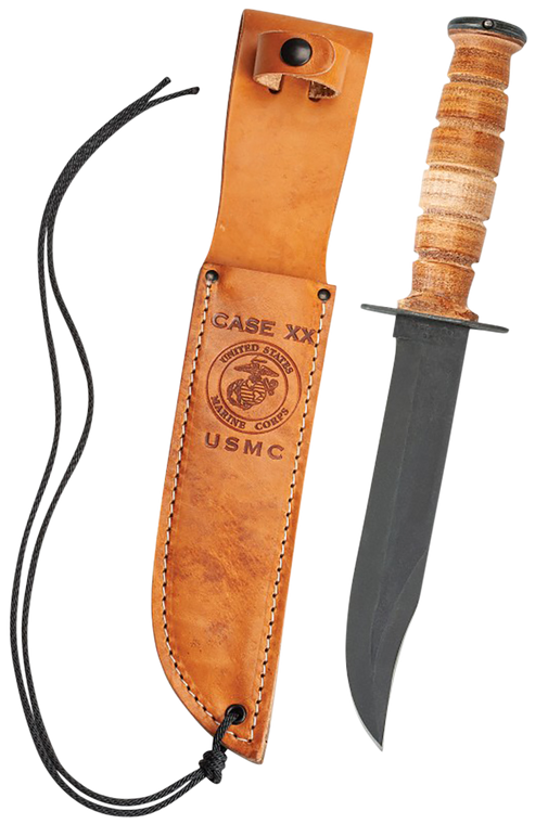 Case 00334 USMC7" Fixed Clip Point Plain Blackened 1095 Carbon Steel Blade Grooved Leather Handle