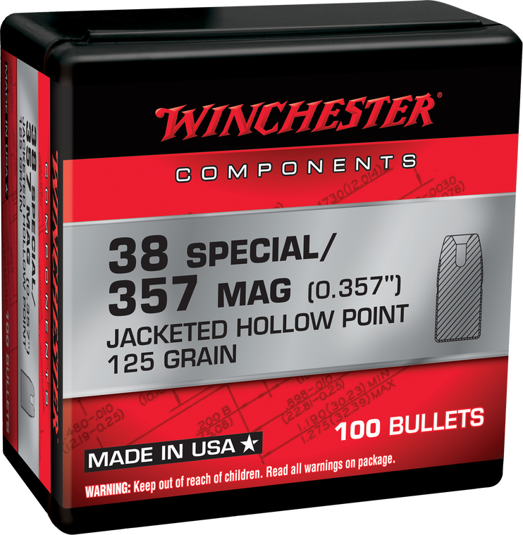 Winchester AmmoCenterfire Handgun Reloading 38 Special .357 125 gr Jacketed Hollow Point (JHP) 100 Per Box