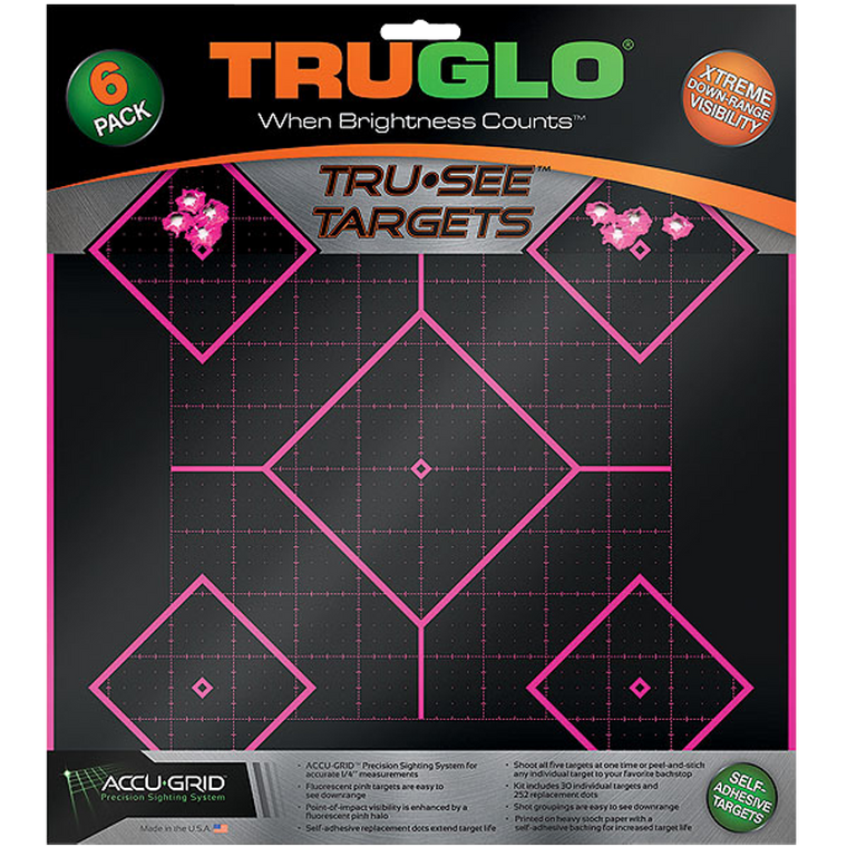 TruGlo TG14P6 Tru-See 5- Diamond Target Black/Pink Self-Adhesive Paper Universal Heavy Paper Yes Impact Enhancement Pink 6 Pack Includes Pasters