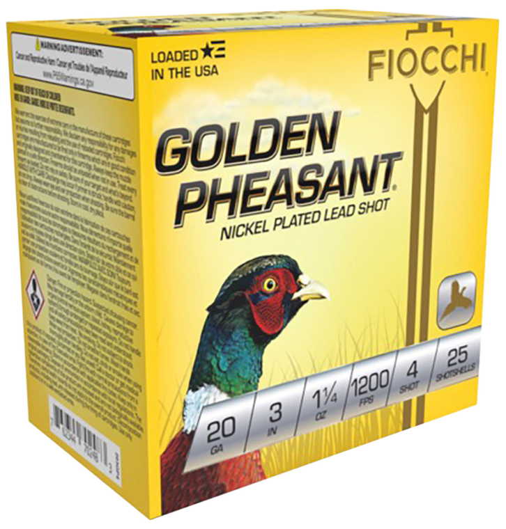 Fiocchi Golden Pheasant Ammunition 20 Gauge 3" 1-1/4 oz #4 Nickel Plated Shot Box of 25
