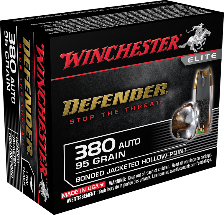 Winchester Defender Ammunition 380 ACP 95 Grain Bonded Jacketed Hollow Point 20RD