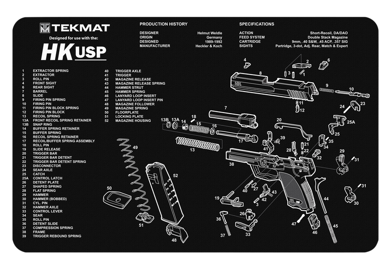 TekMat TEKR17HKUSP HK USP Cleaning Mat Black/White Rubber 17" Long HK USP Parts Diagram