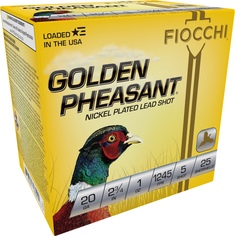 Fiocchi Golden Pheasant Ammunition 20 Gauge 2-3/4" 1 oz #5 Nickel Plated Shot Box of 25