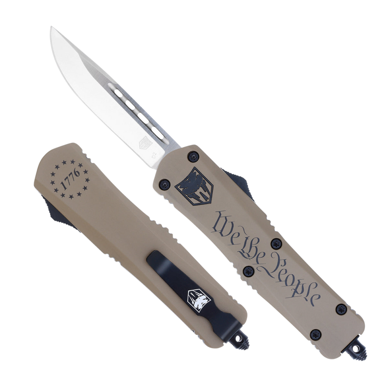 CobraTec Knives MWTPFS3DNS FS-3 We The People Medium 3" OTF Drop Point Plain D2 Steel Blade Tan w/"We The People" Aluminum Cerakoted Handle Features Glass Breaker Includes Pocket Clip