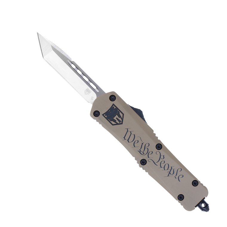 CobraTec Knives MWTPFS3TNS FS-3 We The People Medium 3" OTF Tanto Plain D2 Steel Blade Tan w/"We The People" Aluminum Cerakoted Handle Features Glass Breaker Includes Pocket Clip