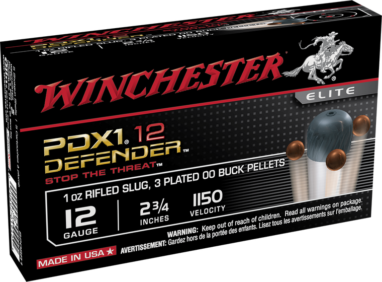 Winchester PDX1 Defender Ammunition 12 Gauge 2-3/4" 1/2 oz 00 Buckshot over 1 oz Rifled Slug Box of 10