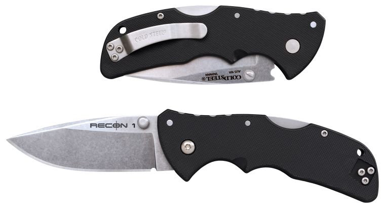 Cold Steel CS27BAS Recon 1 Mini 3" Folding Spear Point Plain Stonewashed AUS-10A SS Blade/ Black Textured GRN Handle