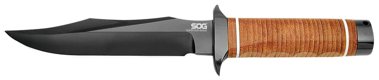 S.O.G SOGSB1TL Super SOG7.50" Fixed Bowie Plain Black Hardcased TiCN AUS-8A SS Blade Brown Stacked Leather Washers w/Cross Guard Handle Includes Sheath