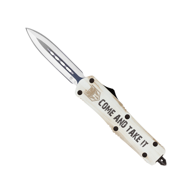 CobraTec Knives MCATIFS3DAGNS FS-3 Come And Take It Medium 3" OTF Dagger Plain D2 Steel Blade White w/"Come And Take It" Aluminum Cerakoted Handle Features Glass Breaker Includes Pocket Clip