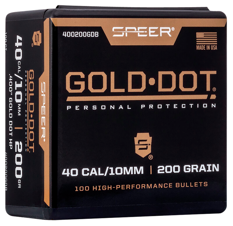 Speer Gold Dot Bullets 40 S&W, 10mm Auto (400 Diameter) 200 Grain Bonded Jacketed Hollow Point Box of 100