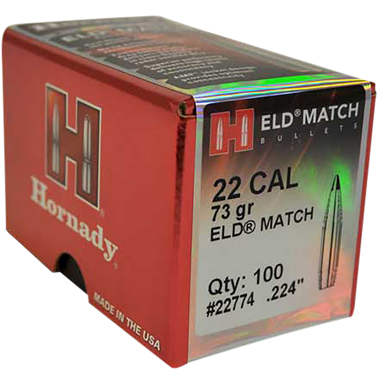 Hornady 22774 ELD Match Target 22 Cal .224 73 gr Extremely Low Drag-Match (ELD-M)