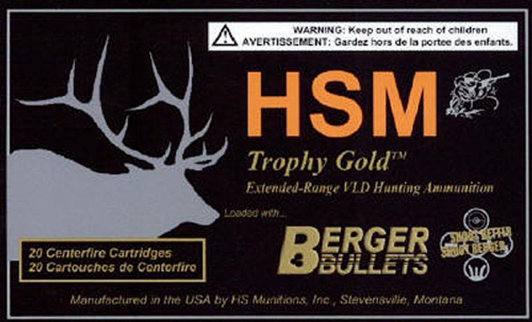 HSM Trophy Gold Ammunition 300 Winchester Magnum 185 Grain Berger Hunting VLD Hollow Point Boat Tail 20RD