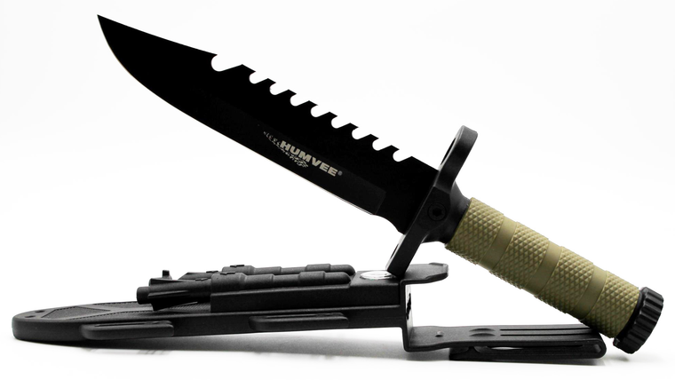 Humvee Adventure Gear HMVKFXB01 Humvee Survival Knife 7.50" Fixed Sawback Plain Black Stainless Steel Blade/OD Green Textured Rubber Handle Includes Sheath