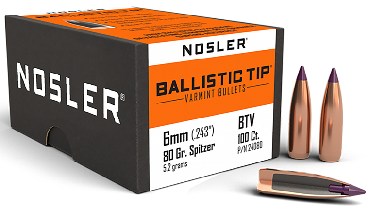 Nosler Ballistic Tip Varmint Bullets 243 Caliber, 6mm (243 Diameter) 80 Grain Spitzer Boat Tail Box of 100