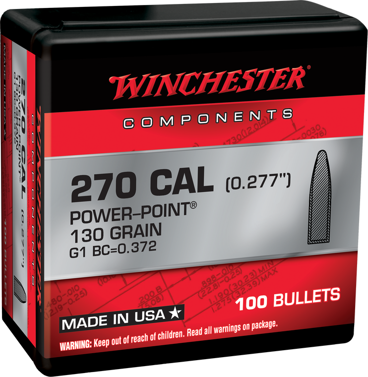 Winchester AmmoCenterfire Rifle Reloading 270 Win .277 130 gr Power-Point (PP) 100 Per Box