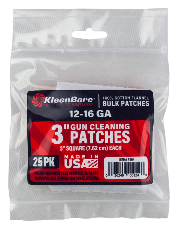 KleenBore P204 Super Shooter12-16 Gauge Shotgun 3" 100% Cotton Flannel 25 Per Pack