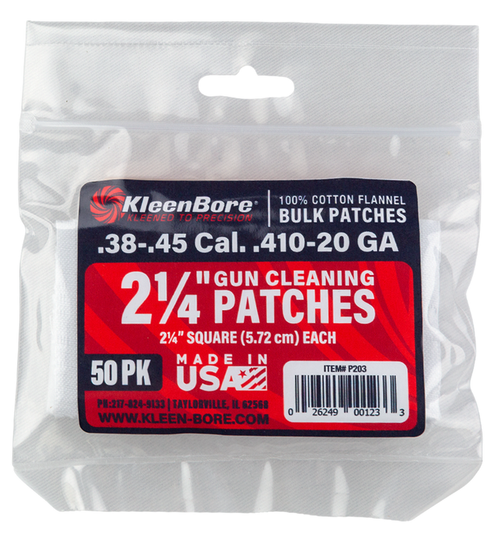 KleenBore P203 Super Shooter38/45 Cal/20/410 Gauge 2.25" 100% Cotton Flannel 50 Per Pack
