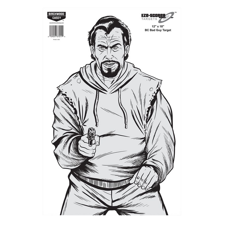 Birchwood Casey 37205 EZE-Scorer Bad Guy Silhouette Paper Hanging Pistol 12" x 18" Black/Gray/White 10 Pk.