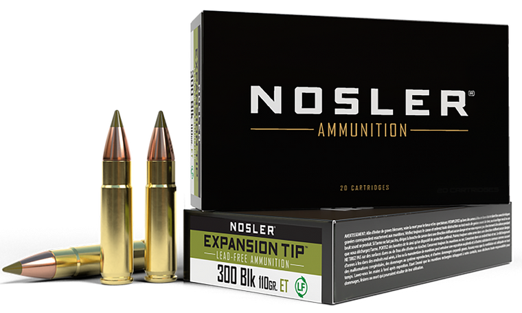 Nosler E-Tip Ammunition 300 AAC Blackout 110 Grain Polymer Tip Lead-Free 20RD