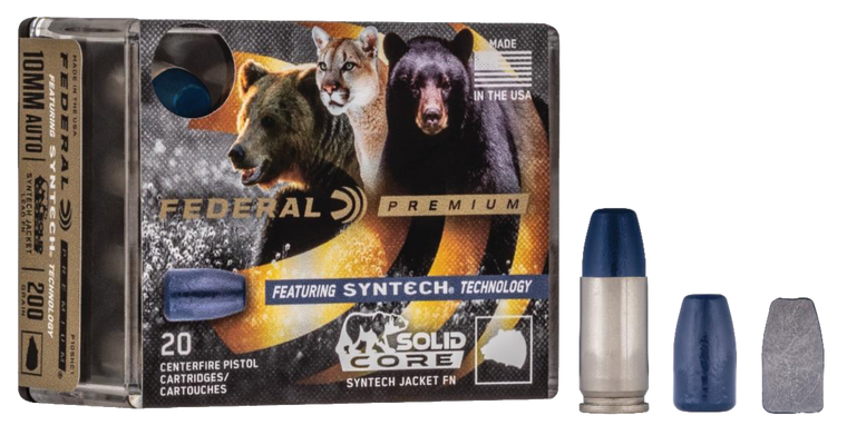 Federal Syntech Solid Core Ammunition 10mm Auto 200 Grain Total Synthetic Jacket Hard Cast Flat Nose 20RD