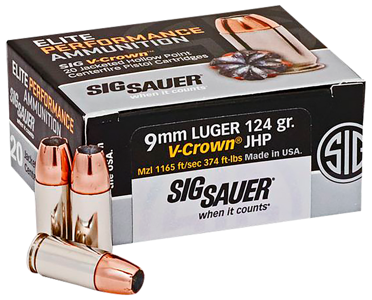 Sig Sauer E9MMA220 Elite Defense9mm Luger 124 gr 1165 fps V-Crown Jacketed Hollow Point (VJHP) 20 Bx/10 Cs