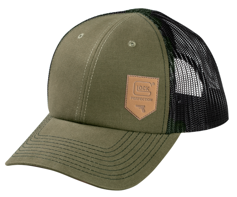 Glock AP95883 ChinoOlive Green/Black Mesh Hat w/Leather-Like Glock Shield Patch