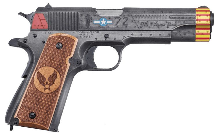 Auto-Ordnance 1911BKOC18 1911 Red Tails Full Size Frame 45 ACP 7+1 5" Stainless Steel Barrel, Savage Cerakote Serrated Slide, Savage Cerakote Steel Frame w/Beavertail, Custom Engraved Wood Grip