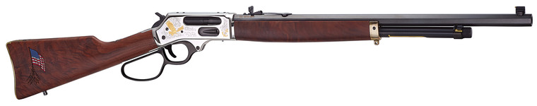 Henry H010BGMC Spirit Of The Corps 45-70 Gov 4+1 22" Black Octagon Barrel, Nickel Engraved w/24K Gold Inlay Brass Drilled & Tapped Receiver, American Walnut Straight Stock