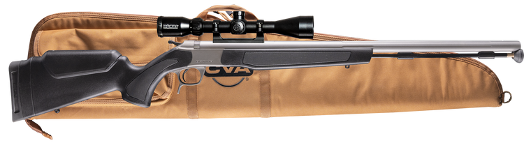 CVA PR2050SSCP Optima Scope Package 50 Cal 26" Stainless Fluted Barrel, Drilled & Tapped Stainless Steel Receiver, Fixed Black Synthetic Stock, Konus 3-9x40mm BDC, Rifle Case, Aerolite Bullets