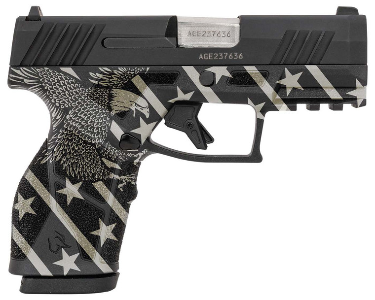 Taurus 1-GX2931-10EN1 GX2 Compact Frame 9mm Luger 10+1 3.38" Stainless Steel Barrel, Matte Black Serrated Alloy Steel Slide, Black w/Eagle, Stars & Stripes Polymer Frame w/Accessory Rail