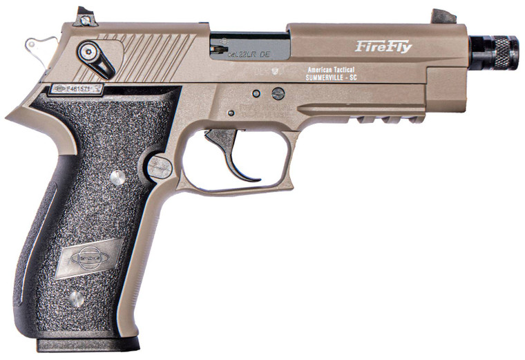 GSG GERG2213TFFTA FireFly 22 LR 13+1 4.90" Black Threaded Barrel, Tan Aluminum Serrated Slide, Tan Aluminum Frame w/Picatinny Rail, Textured Grip